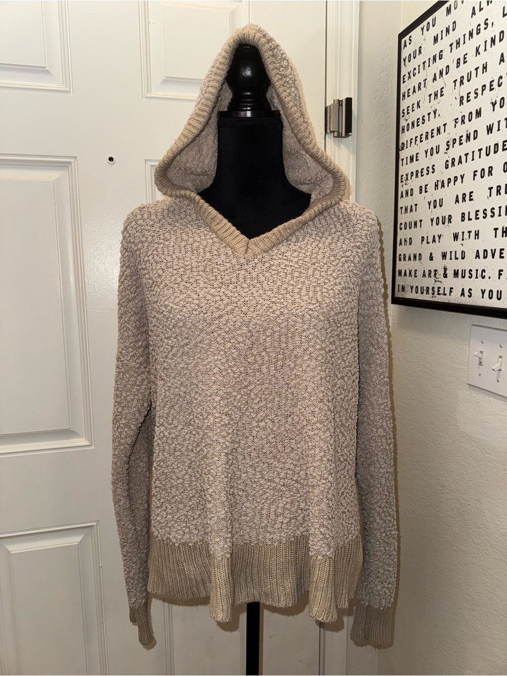 Say What? Beige Hooded Popcorn Knit Sweater